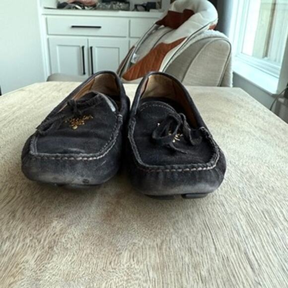 PRADA Suede Driving Loafers Brown Bow Logo Driving Shoes Made in Italy 37.5 - Picture 7 of 10